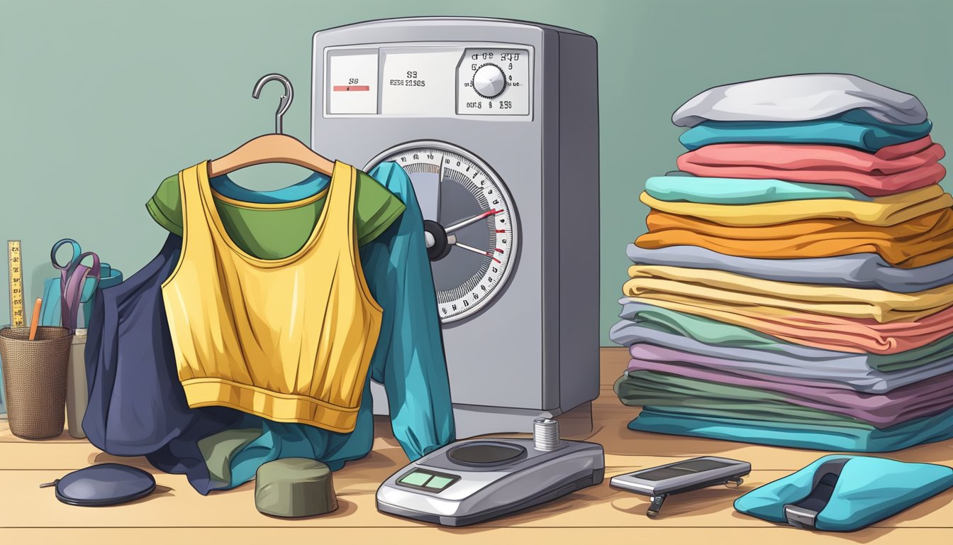 A pile of loose-fitting clothes beside a measuring tape and a scale