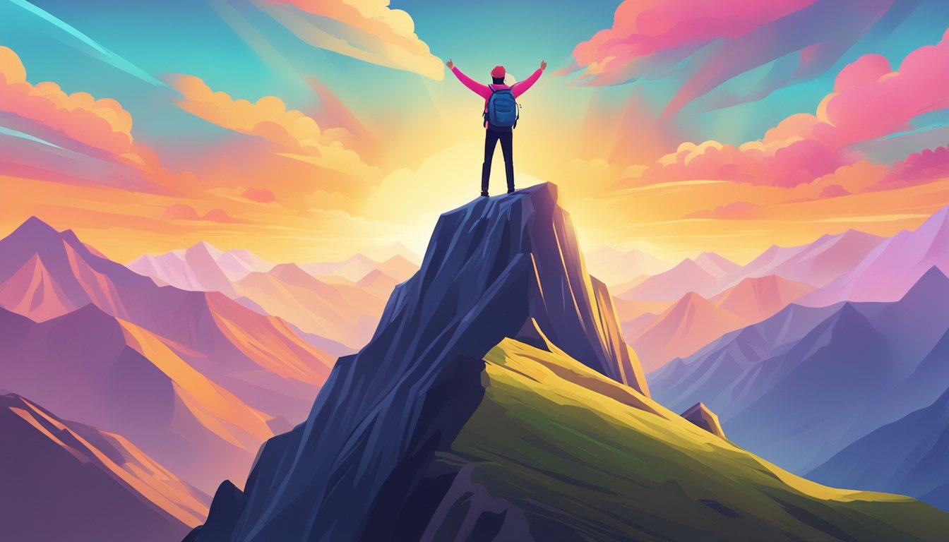 A person standing triumphantly atop a mountain peak, surrounded by vibrant energy and a sense of accomplishment