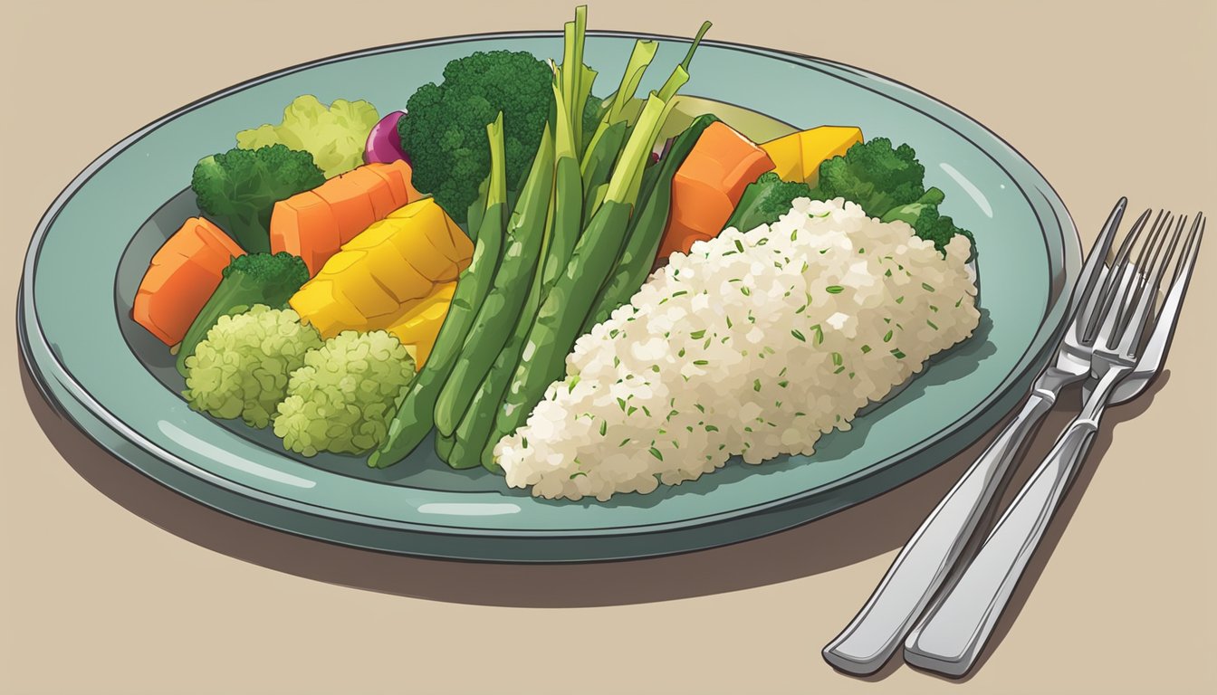 A plate of colorful steamed vegetables arranged neatly next to a main dish, with a fork on the side