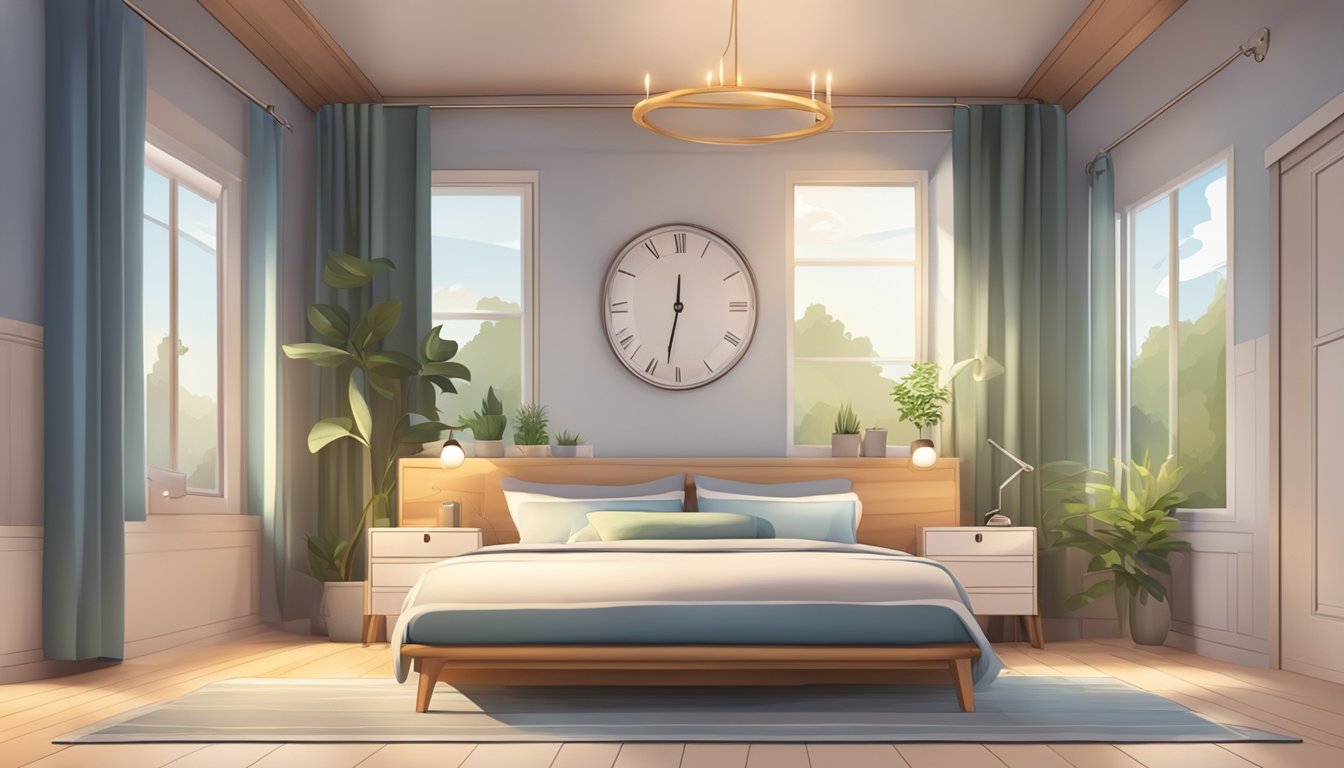 A peaceful bedroom with a cozy bed, soft pillows, and a tranquil atmosphere. A clock showing a late hour and a contented sleeper with closed eyes