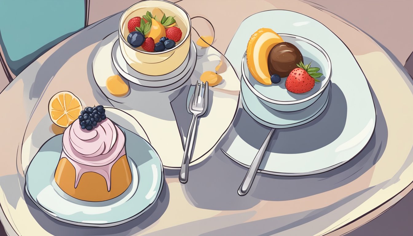 Two plates with a single dessert on each, placed in the center of a table with two chairs facing each other