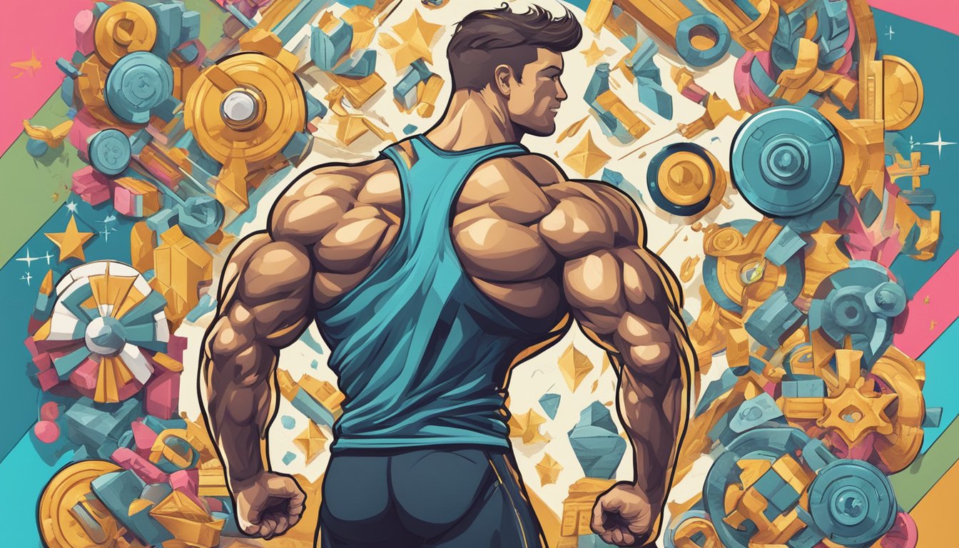 A muscular figure flexing in triumph, surrounded by symbols of success