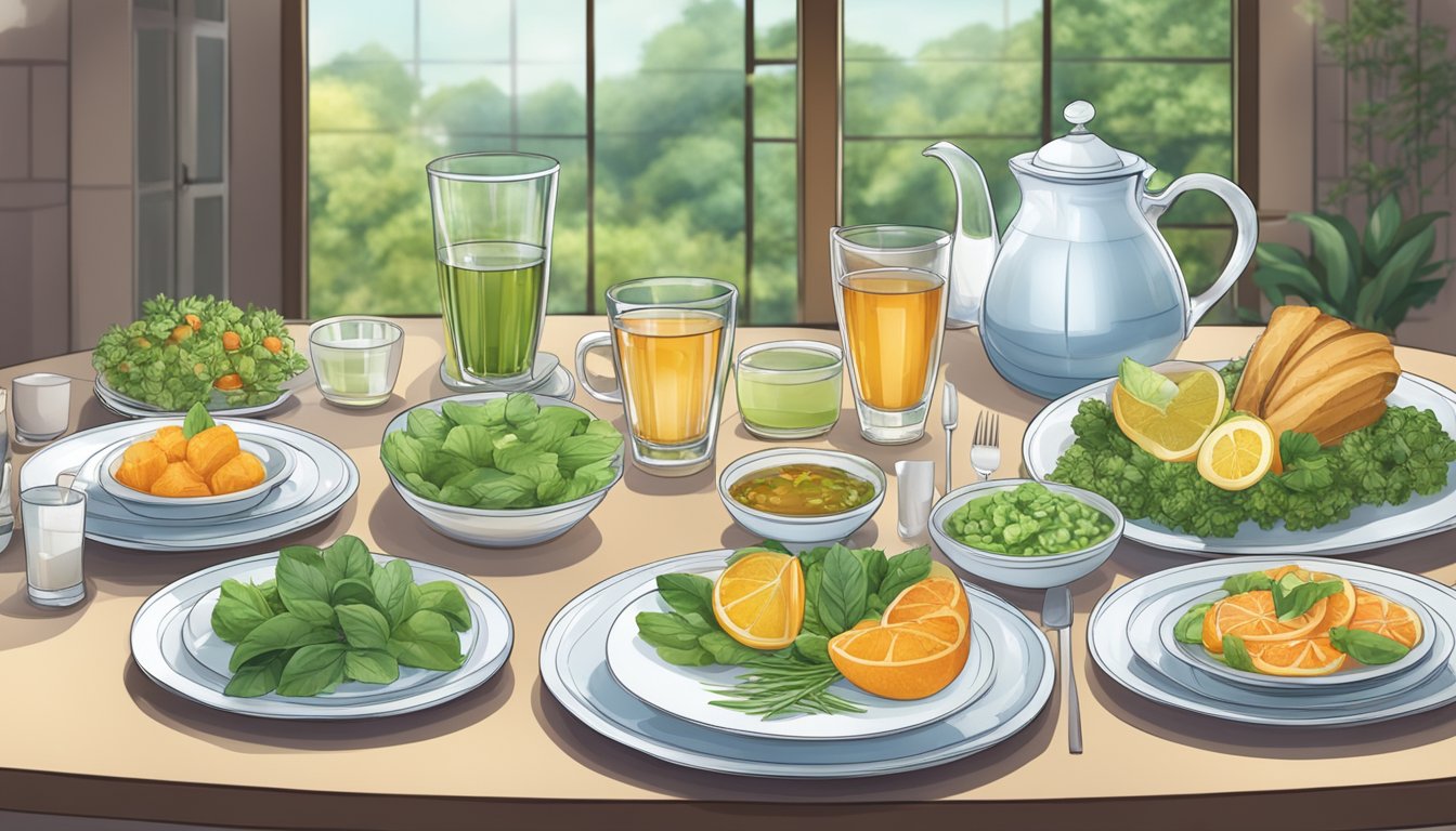 A table set with a glass of water or herbal tea, surrounded by plates of healthy food options, in a restaurant setting