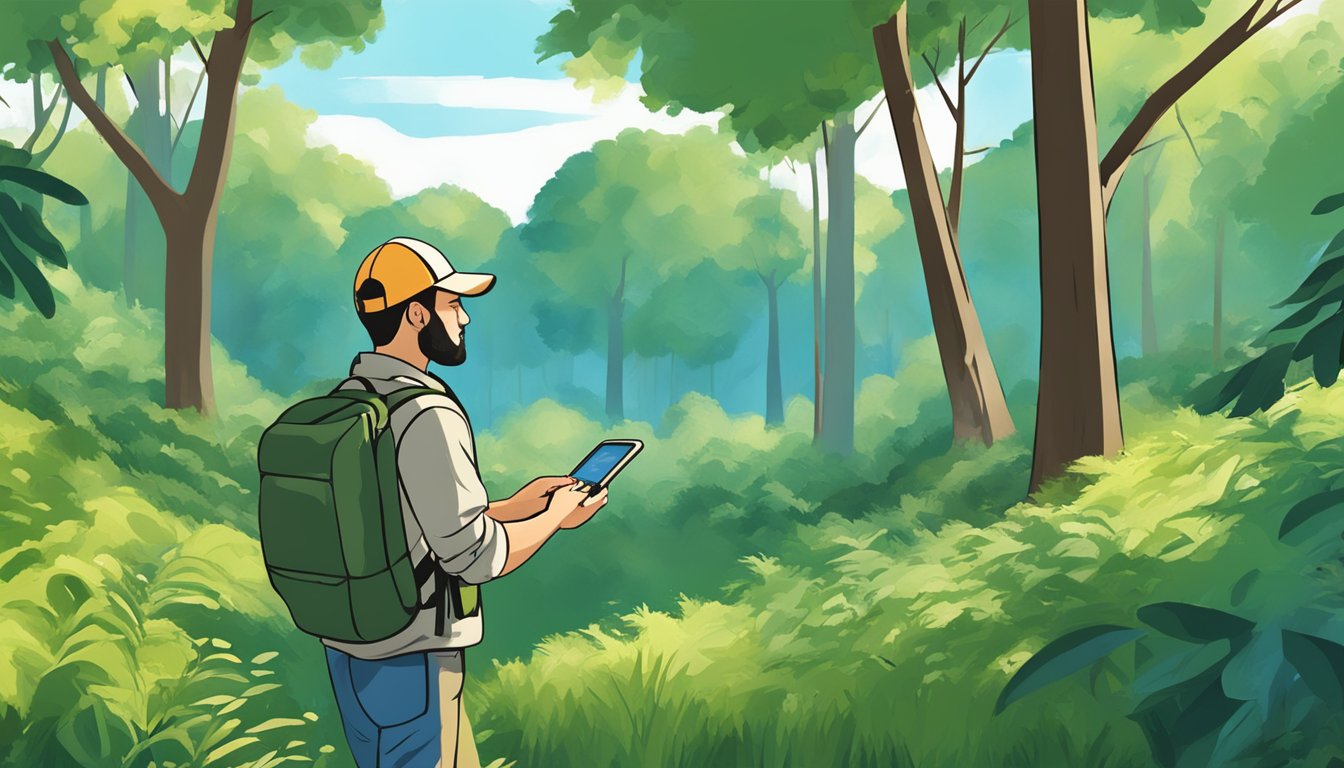 A person using a GPS device to search for hidden treasures in a forest clearing surrounded by trees and a clear blue sky