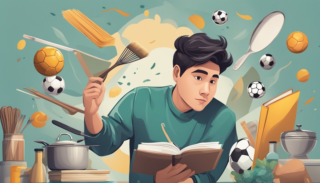 A person juggling a variety of objects, such as a book, a paintbrush, a soccer ball, and a cooking utensil, with a determined and focused expression on their face