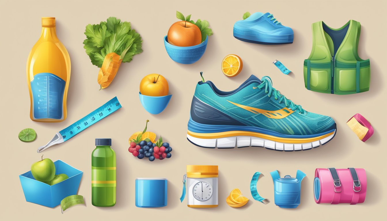 A collection of symbolic objects representing achievements, such as a running shoe, measuring tape, and healthy food, arranged in a celebratory display