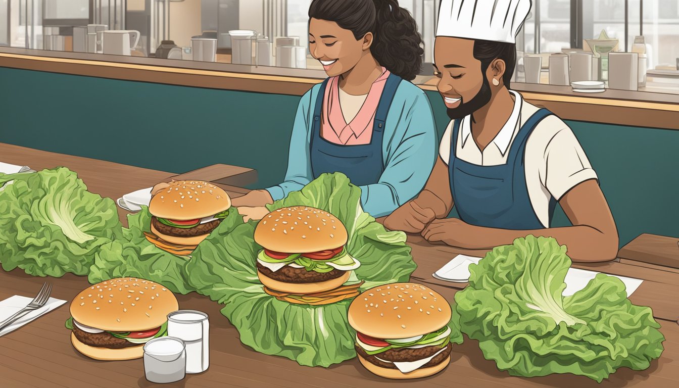 Lettuce wraps replacing burger buns at a restaurant table