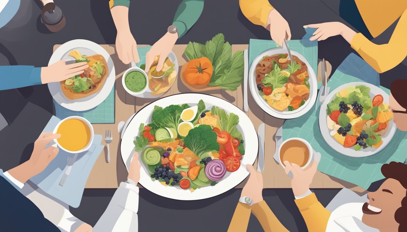 A person enjoying a healthy meal at a restaurant, surrounded by friends, with a menu showing a variety of nutritious options