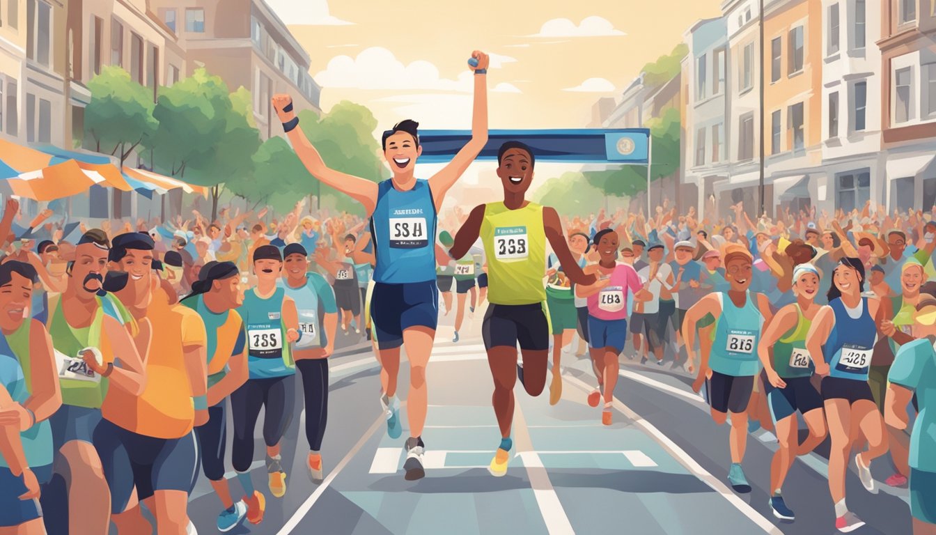 A person crossing the finish line of a marathon, surrounded by cheering spectators and holding a medal