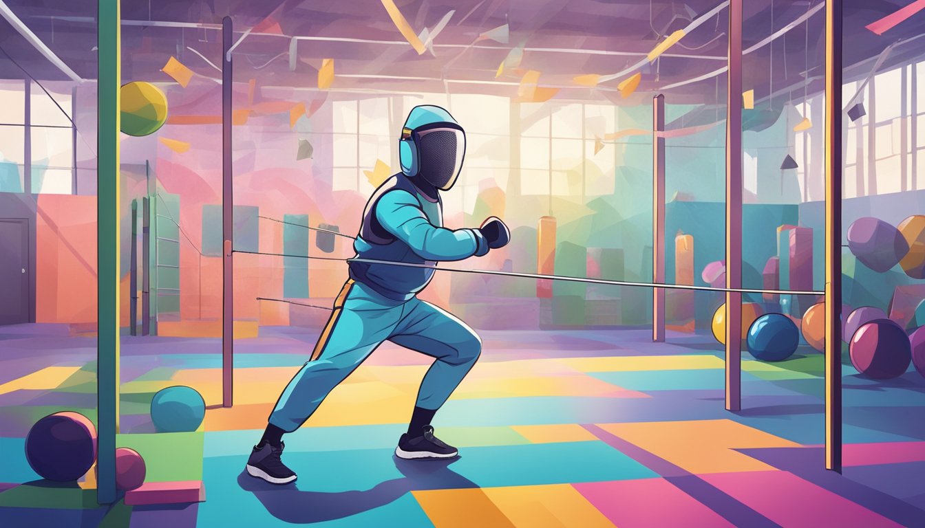 A person fencing in a gym surrounded by colorful equipment and motivational posters