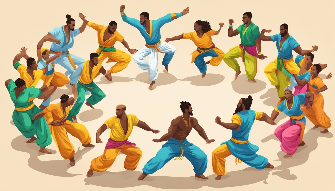 A group of capoeira practitioners dancing and performing acrobatic moves in a circle, with vibrant music and colorful clothing