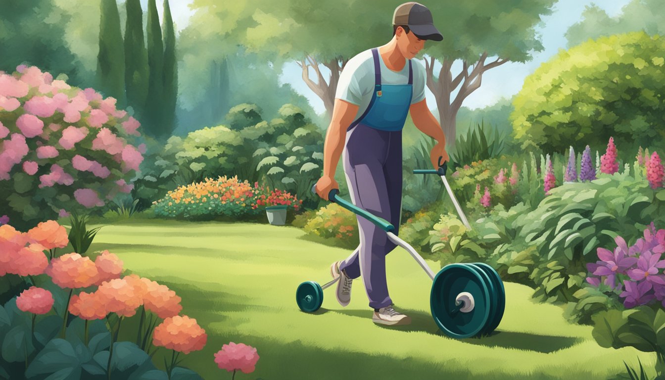 A person is seen gardening and exercising simultaneously, with weights strapped to their ankles as they tend to their plants in a lush garden setting