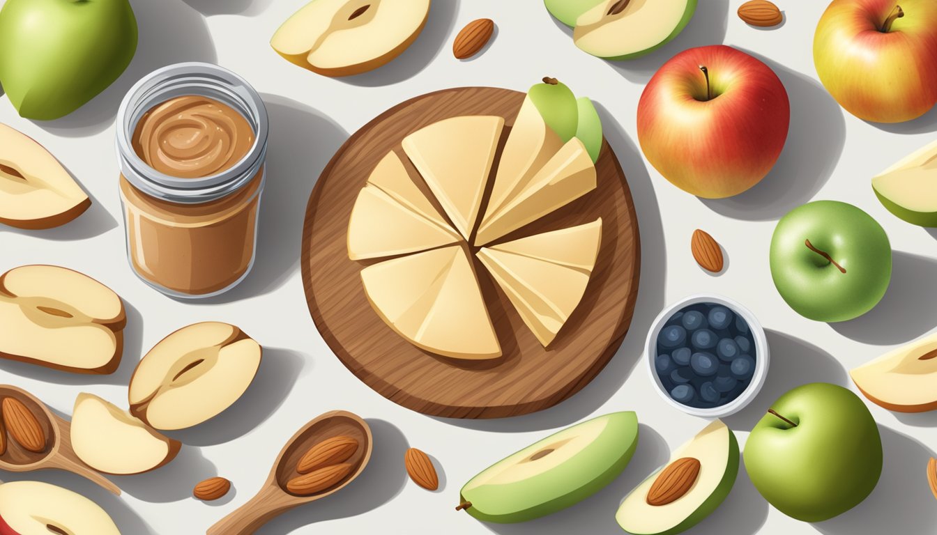 A wooden cutting board with sliced apples and a jar of almond butter, surrounded by other healthy snacks