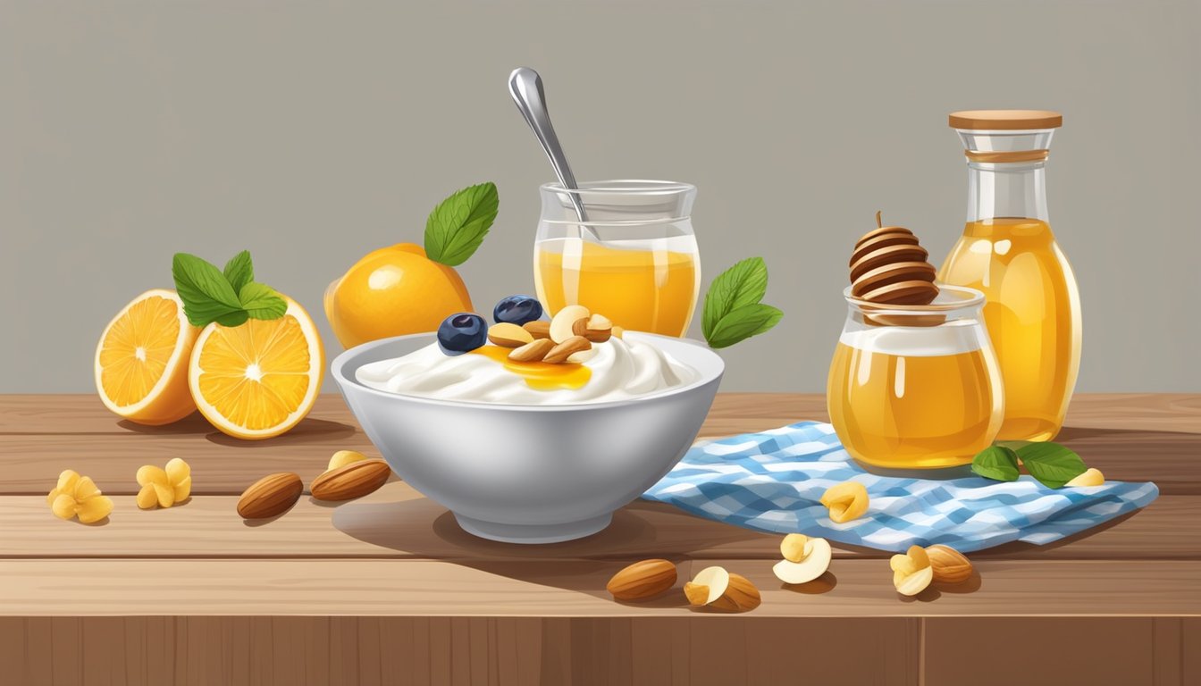 A small bowl of Greek yogurt with a drizzle of honey on top, surrounded by fresh fruit and nuts on a wooden table