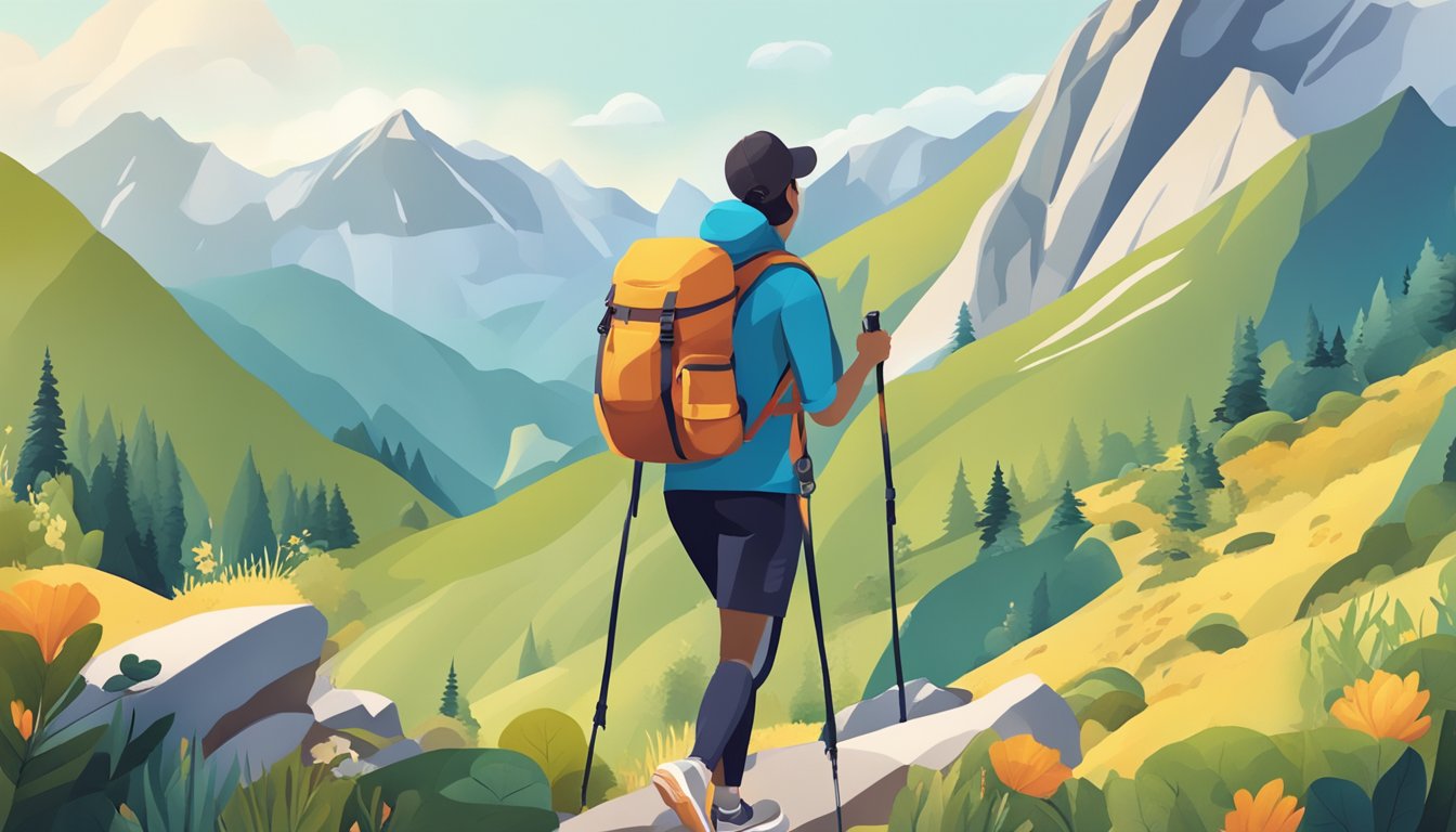 A person hiking up a mountain, carrying a backpack and wearing a fitness tracker, surrounded by diverse landscapes and wildlife