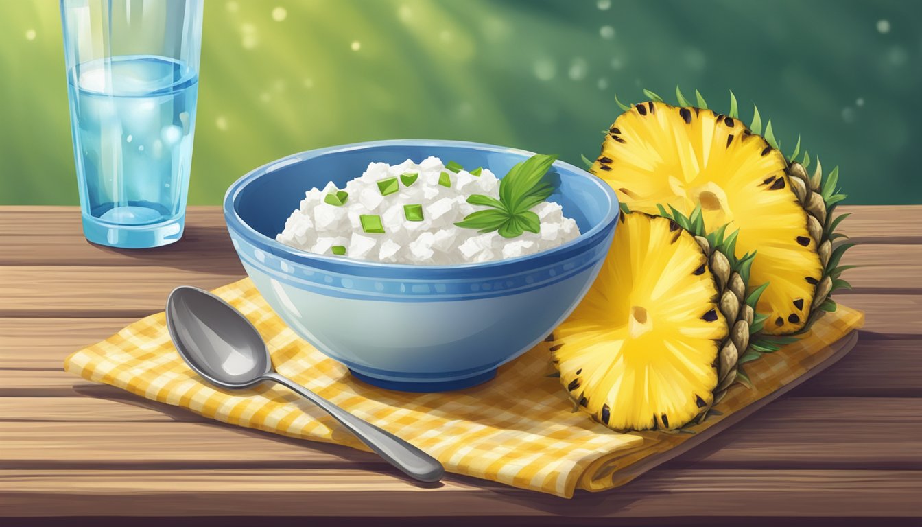 A small bowl of cottage cheese topped with chunks of fresh pineapple sits on a wooden table next to a glass of water and a colorful napkin