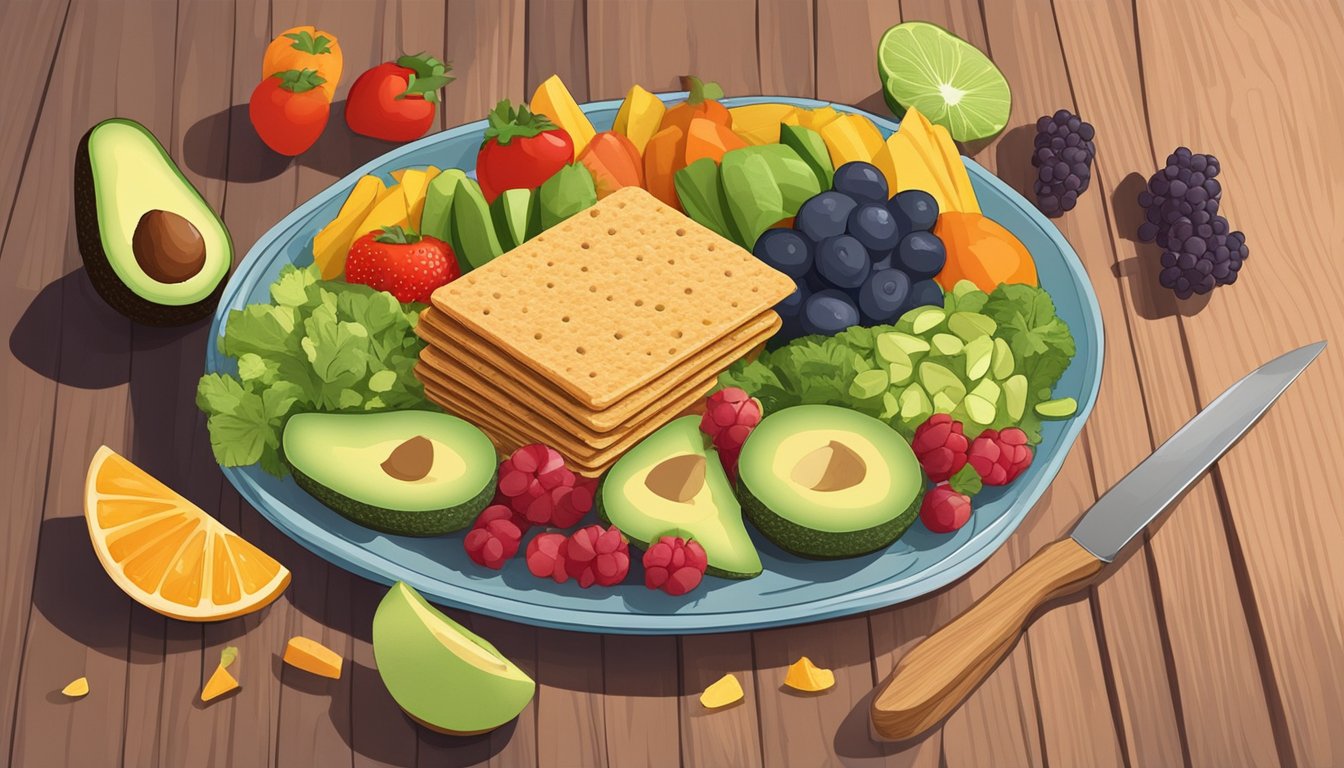 A plate of whole grain crackers topped with sliced avocado, surrounded by colorful fruits and vegetables, sits on a wooden cutting board