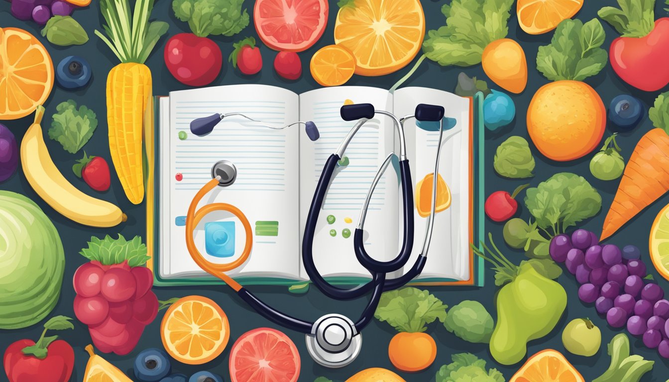 A colorful book cover featuring vibrant fruits and vegetables, a stethoscope, and a heartbeat line symbolizing the connection between food and health