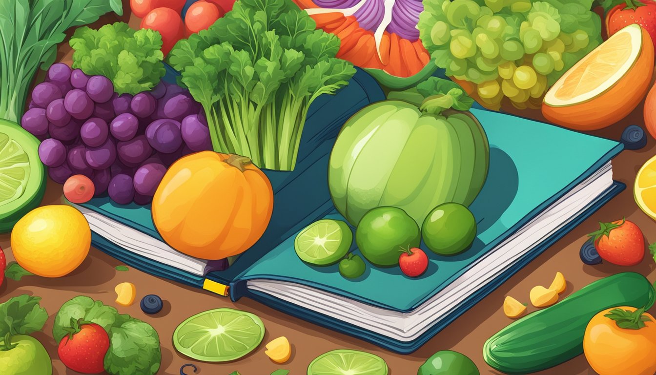 A colorful book cover surrounded by vibrant fruits and vegetables, with a tape measure and scale in the background