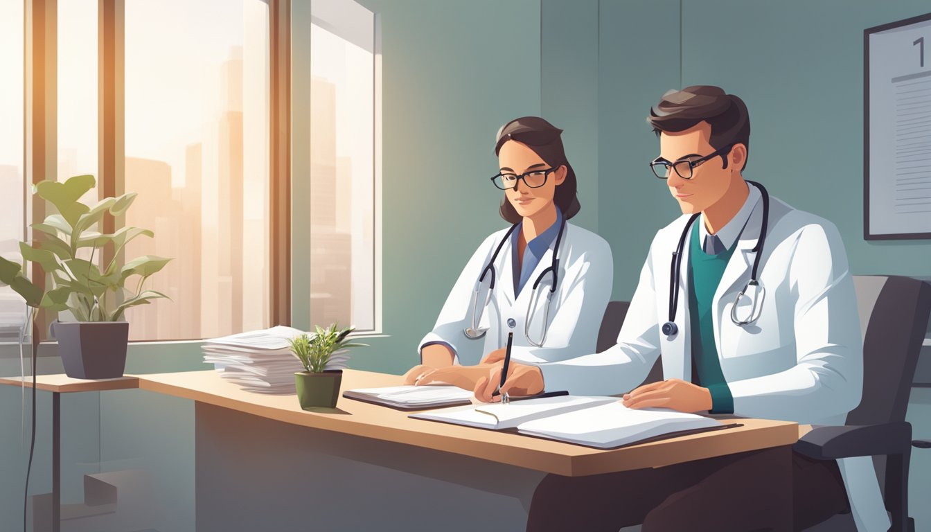 A doctor and patient sit in a bright, modern office. The doctor holds a pen and paper, while the patient listens attentively. The atmosphere is calm and professional