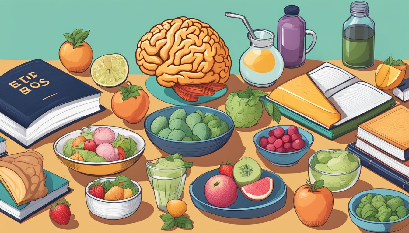 A colorful array of brain-boosting foods arranged on a table, surrounded by inspirational books on weight loss