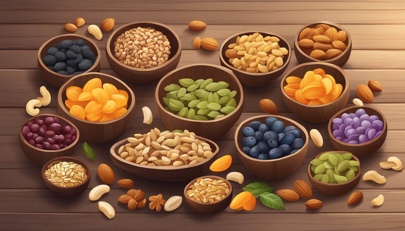 A colorful mix of nuts, seeds, and dried fruit scattered on a wooden table, surrounded by a variety of healthy snack options