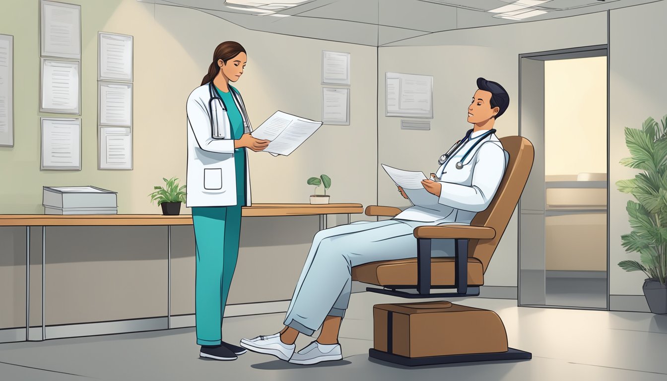 A doctor's office with a patient sitting in a chair, holding a list of questions. The doctor is standing nearby, discussing weight loss injections