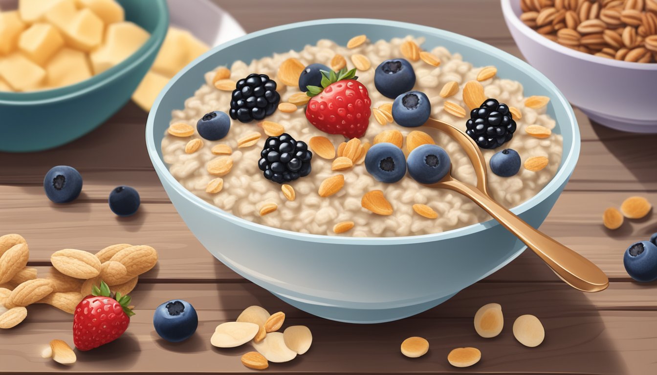 A bowl of oatmeal topped with fresh berries sits on a wooden table, surrounded by a variety of healthy snack options