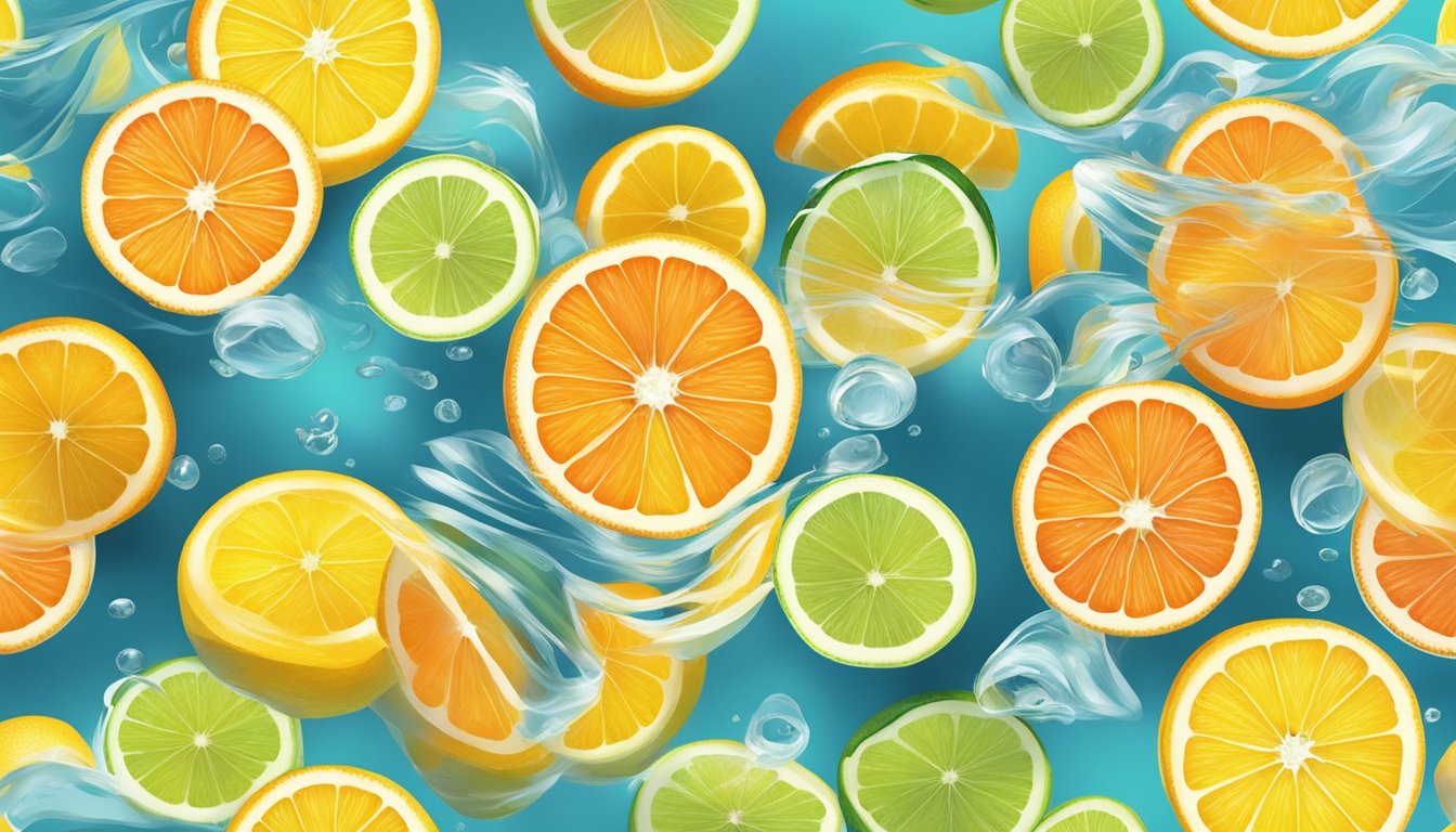 Fresh citrus slices floating in clear water with vibrant colors and light reflecting off the surface