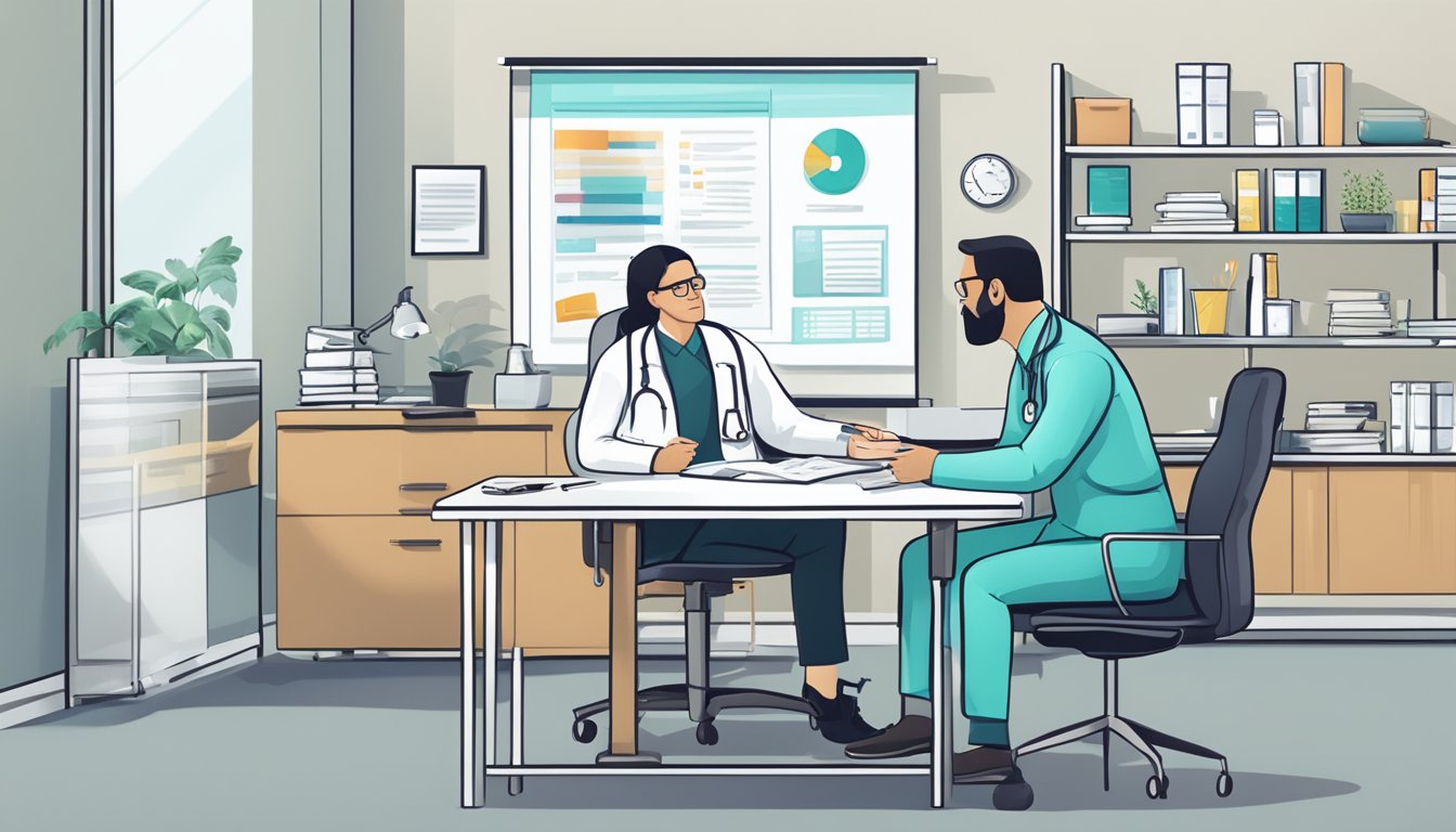 A doctor and patient discussing treatment options in a modern office setting, with a list of questions and medical equipment visible