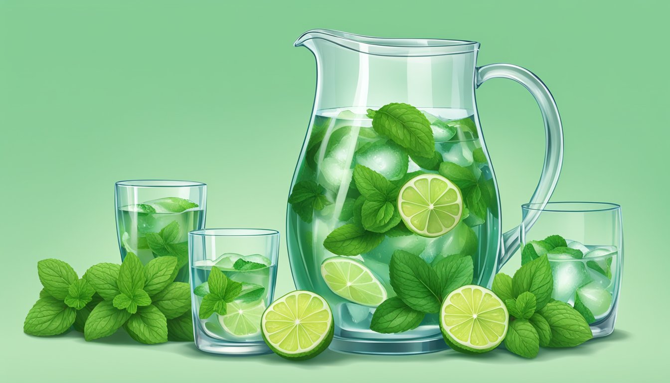 A glass pitcher filled with water and ice, surrounded by nine different arrangements of fresh mint leaves, each adding a pop of green to the scene