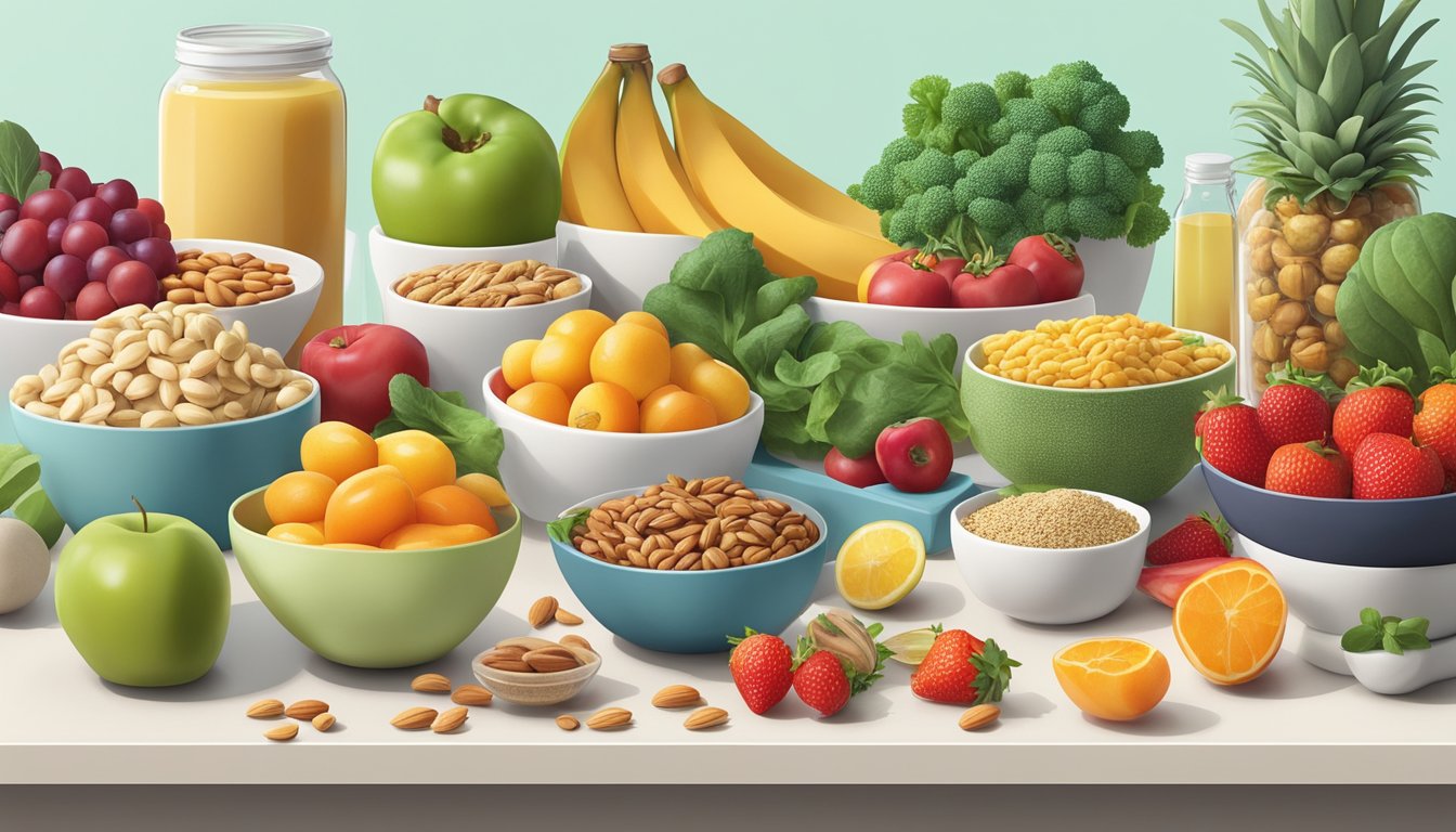 A colorful array of healthy snacks arranged on a clean, modern countertop with fresh fruits, vegetables, nuts, and seeds