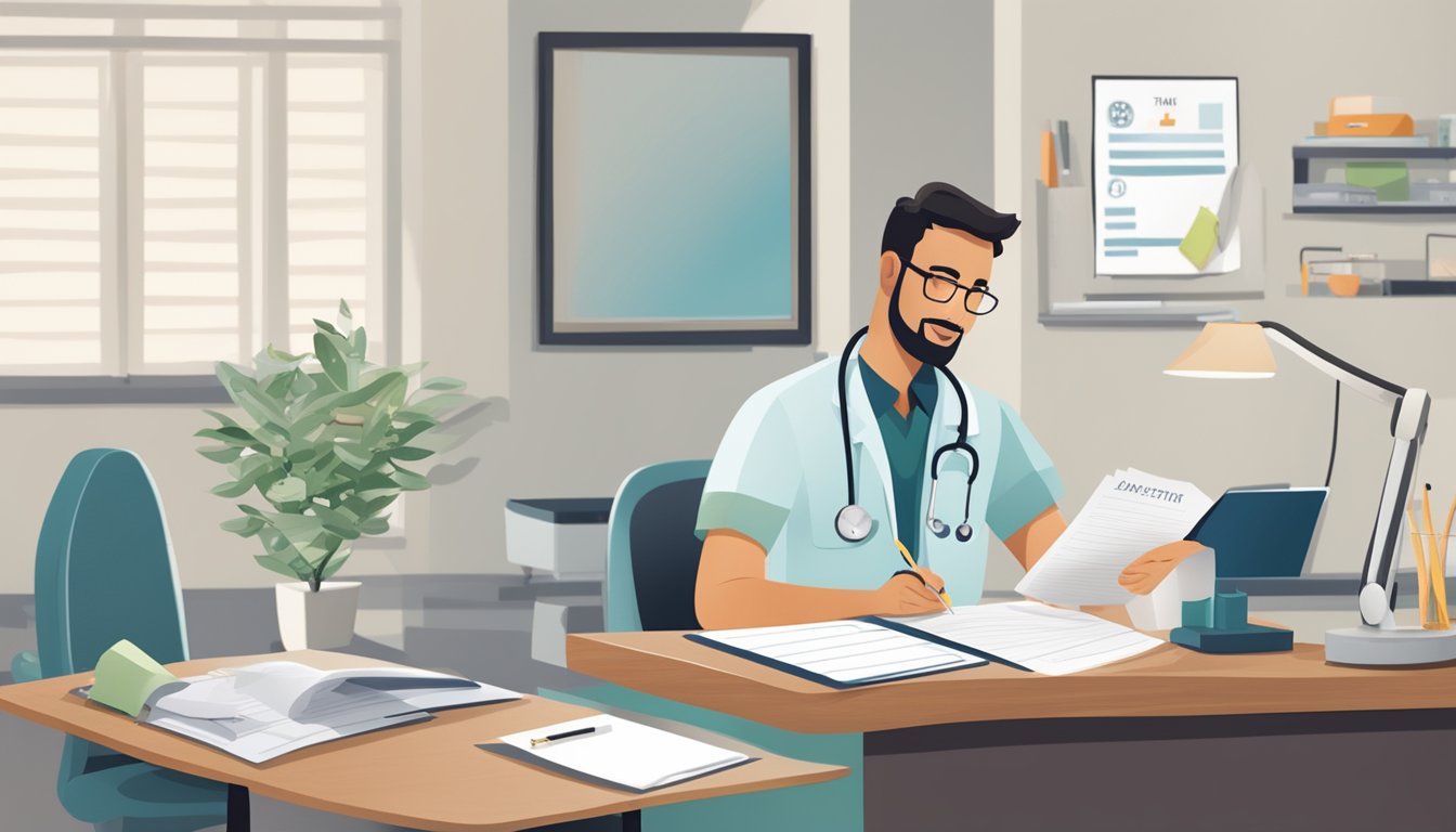 A doctor's office with a patient's file open on the desk, a calendar with dates circled, and a doctor writing notes on a prescription pad