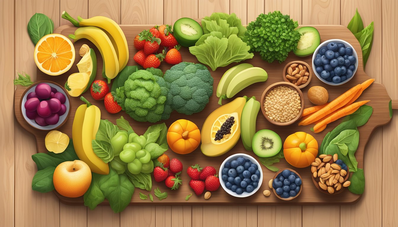 A colorful array of fresh fruits, vegetables, nuts, and whole grains arranged on a wooden cutting board, surrounded by vibrant, leafy greens and a variety of healthy snack options