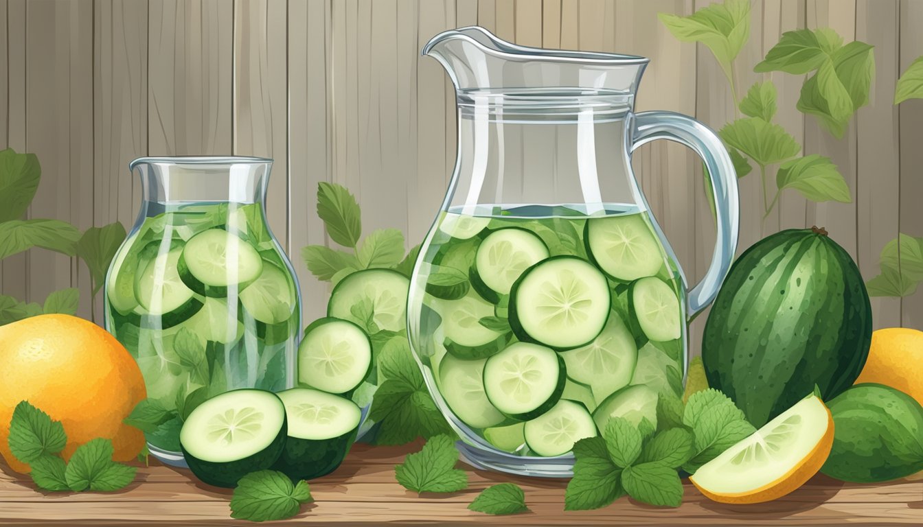 A pitcher of water with cucumber slices, surrounded by various fruits and herbs, set on a rustic wooden table