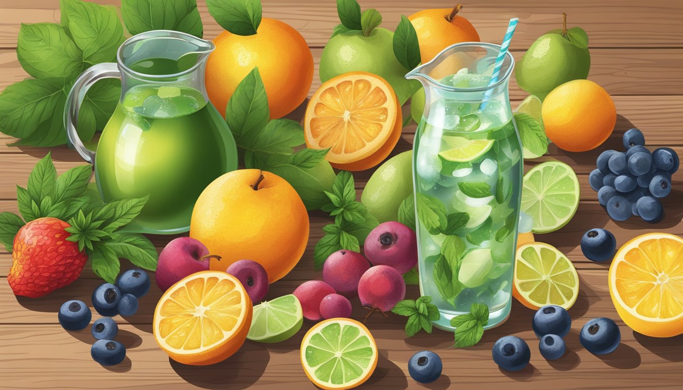 A variety of fruits, herbs, and spices arranged around a pitcher of bubbly sparkling water on a wooden table