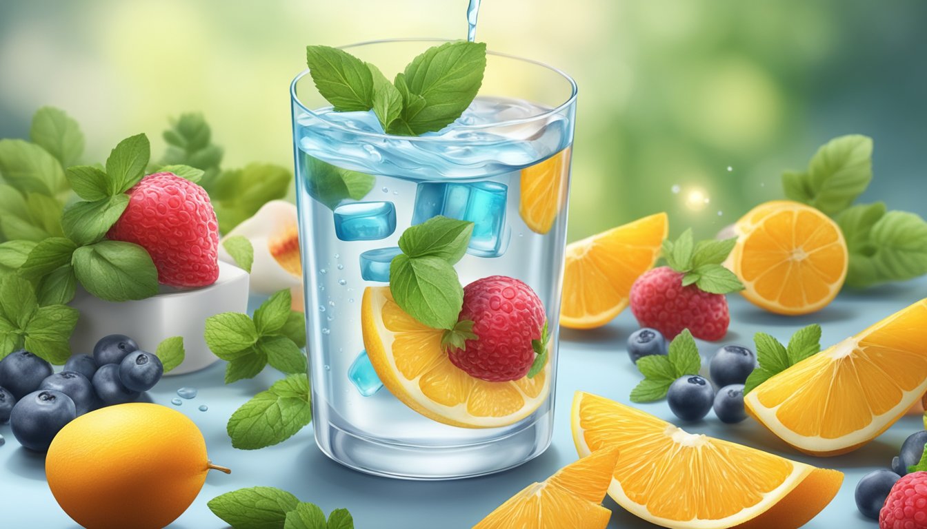 A glass of water with electrolyte tablets dissolving, surrounded by various fruits and herbs for flavoring