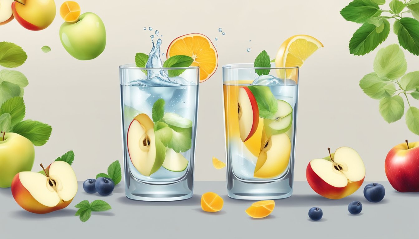 A glass of water with slices of apple and a splash of apple juice, surrounded by a variety of fruits and herbs