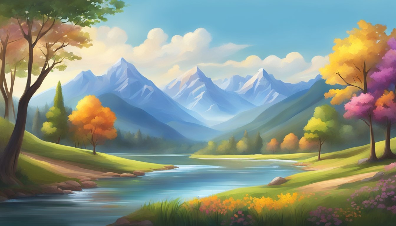 A serene landscape with vibrant colors and natural elements, such as mountains, trees, and a flowing river, evoking a sense of peace and inspiration