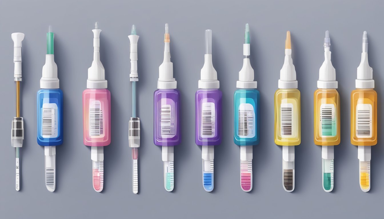 A variety of different types of injections lined up on a table, each with a different label and color, debunking the myth that all weight loss injections are the same