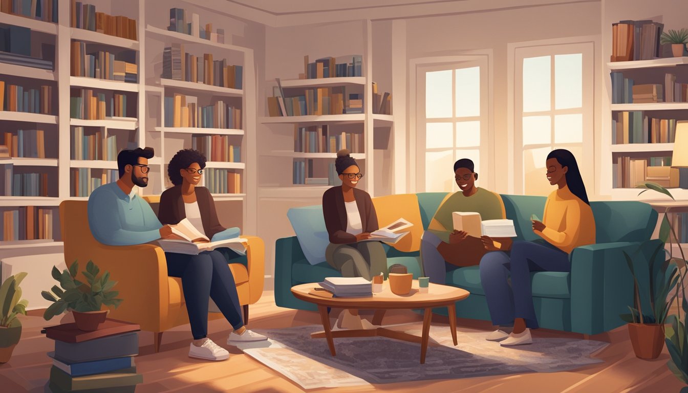 A group of diverse individuals sitting in a cozy living room, surrounded by books and discussing literature with enthusiasm. A warm and inviting atmosphere with comfortable seating and a table filled with refreshments