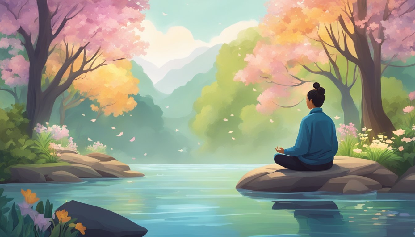 A tranquil scene with a person meditating in nature, surrounded by calming elements like trees, flowers, and flowing water