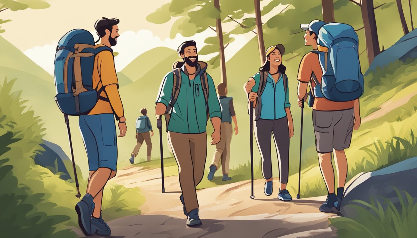 A group of hikers navigate a scenic trail, chatting and laughing as they enjoy the natural surroundings. They walk together, sharing stories and enjoying each other's company