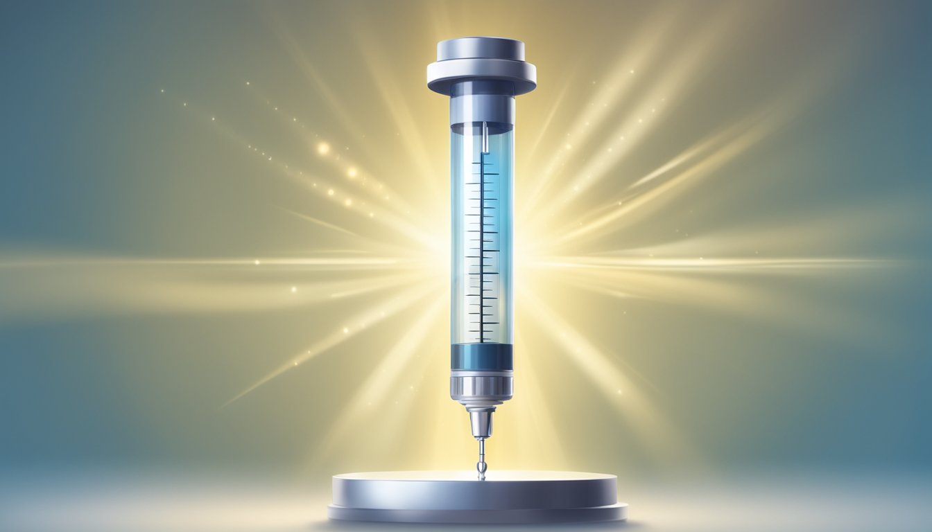 A medical syringe surrounded by a halo of light, symbolizing the myth of weight loss injections as a permanent solution