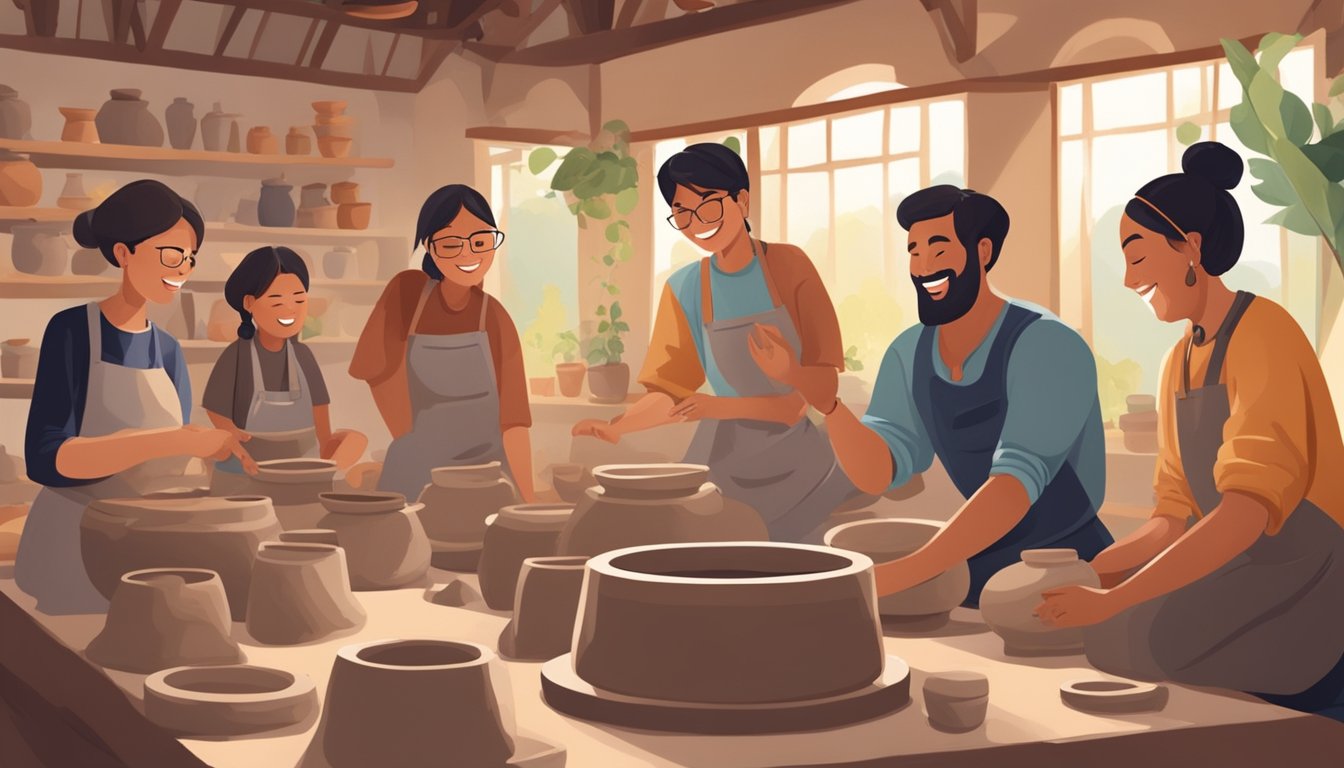 A group of people sit around a pottery wheel, shaping clay into various forms. Laughter and conversation fill the room as they enjoy a social pottery workshop