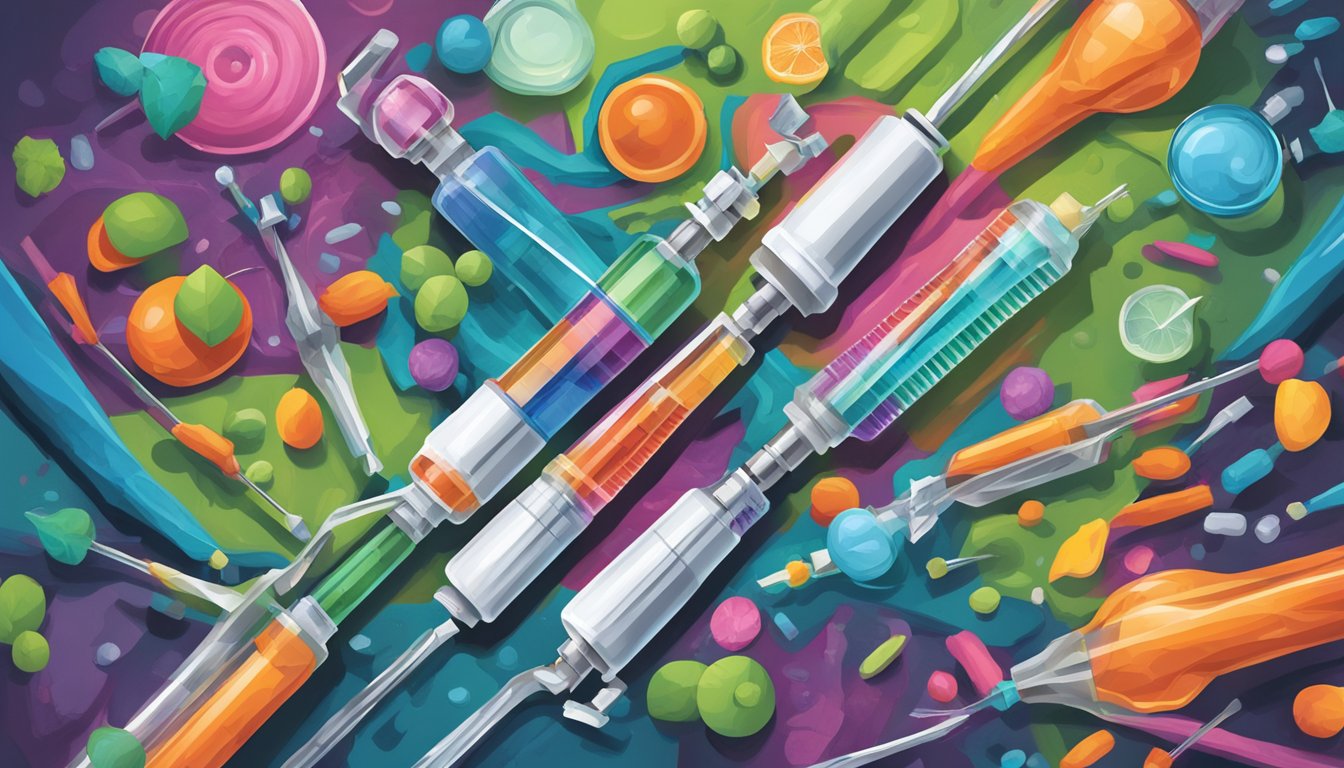 A syringe surrounded by vibrant, healthy-looking muscles, with a bold "X" through it to symbolize the debunking of the myth