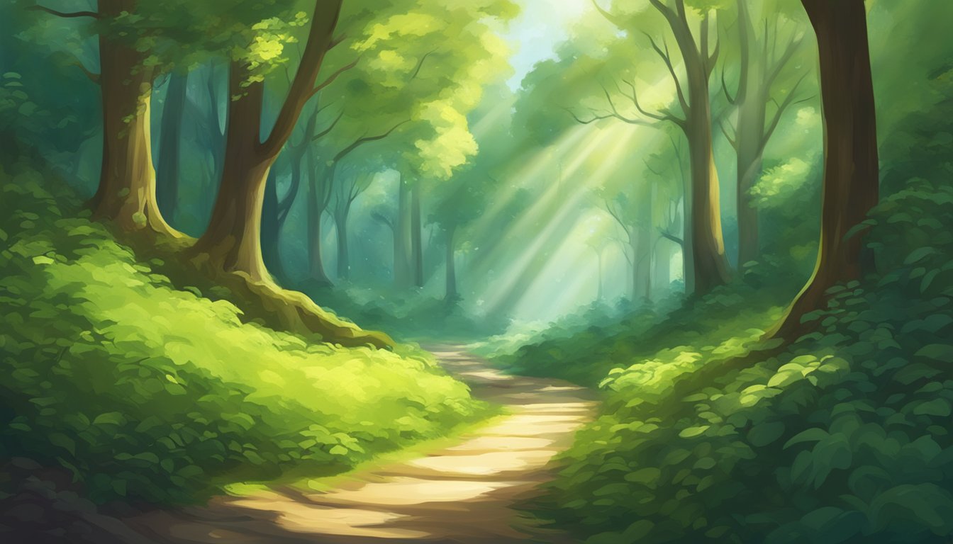 A serene forest with dappled sunlight filtering through the trees, a winding path leading into the depths of the woods, surrounded by lush greenery and peaceful nature sounds