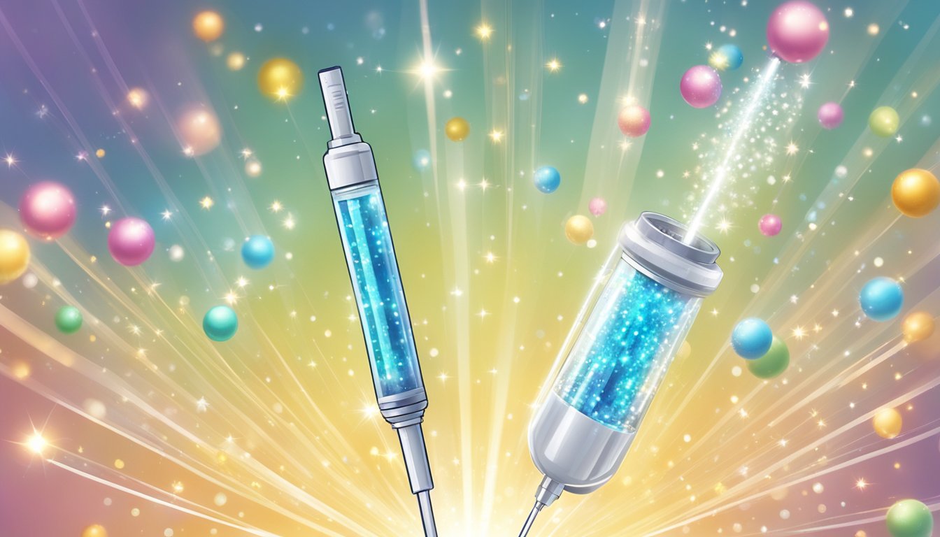 A smiling syringe surrounded by a halo of sparkles, floating in mid-air