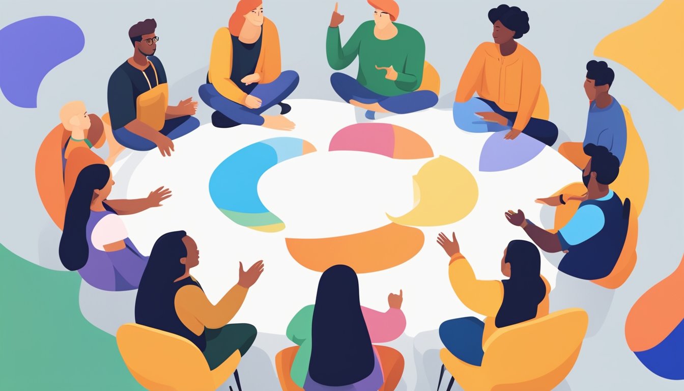 A diverse group of people sit in a circle, chatting and gesturing. Language flags and conversation bubbles float above them