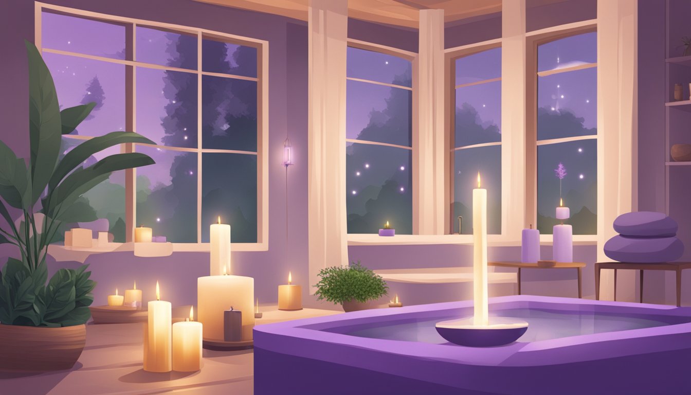 A serene spa room with a diffuser emitting lavender scent, surrounded by candles and calming decor